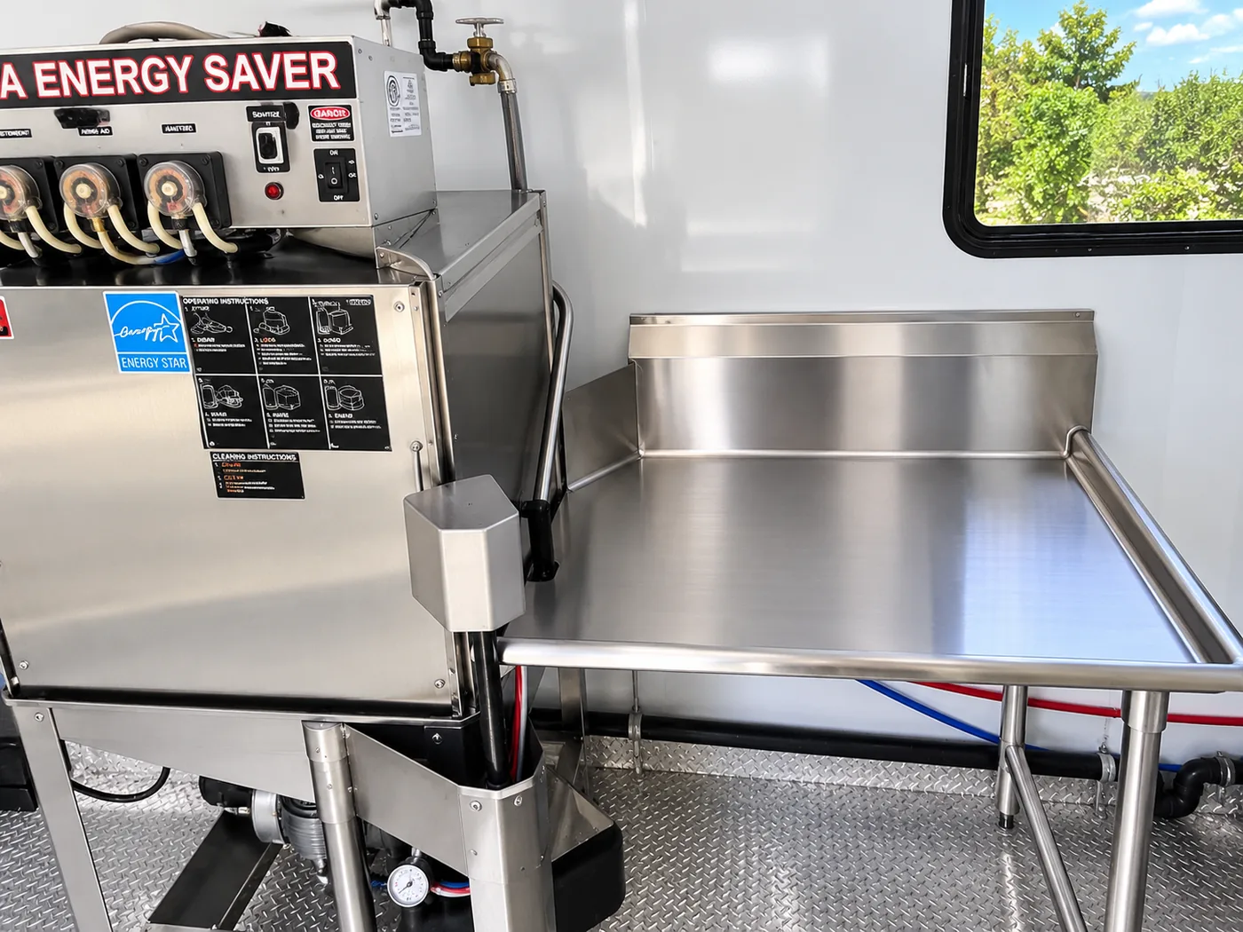 Texas commercial dishwashing trailer machine and work area