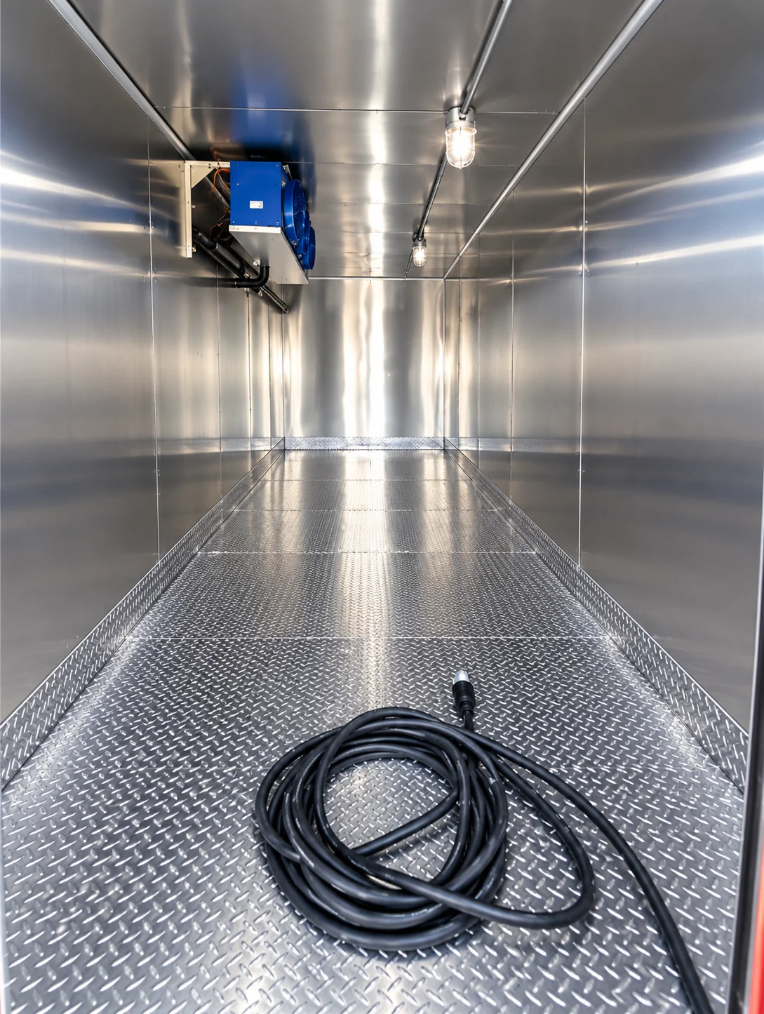 Refrigerated trailer interior with metal walls, tread-plate floor and an overhead cooling unit