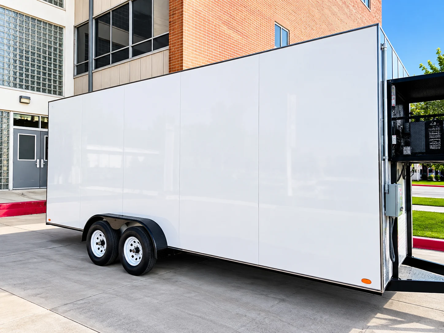 White refrigeration trailer beside a commercial building, with its side and tandem wheels visible