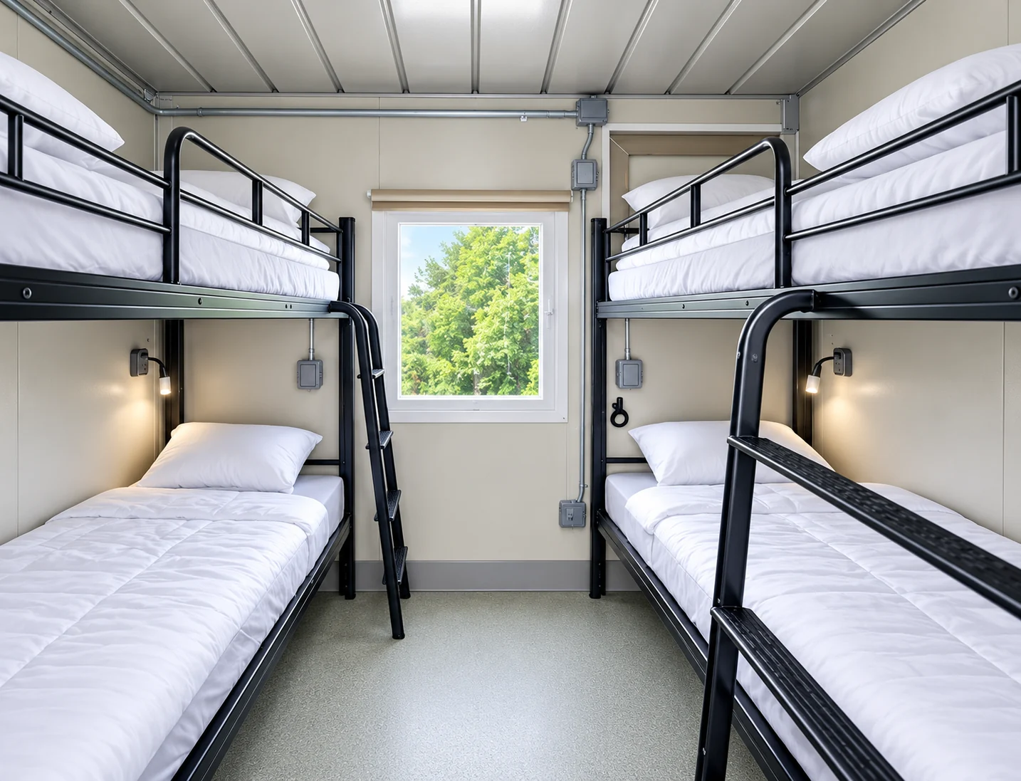 Accommodation room with two sets of bunk beds facing a central aisle